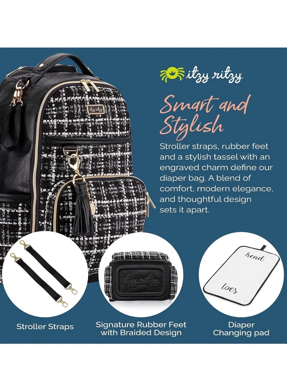 Itzy Ritzy Black and White Tweed Backpack with Gold Hardware